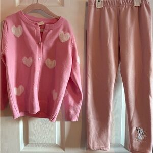 Pink Heart Sweater Button up with fleece cat pants